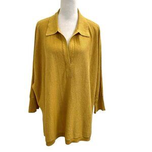 Garnet Hill 100% Linen Split-Neck Collared Knit Top Blouse Golden Yellow size XL